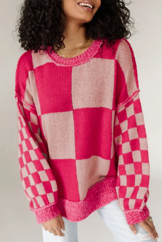 Extra Discounts KaleaBoutique Mixed Checkered Pattern Drop Shoulder Loose Sweater