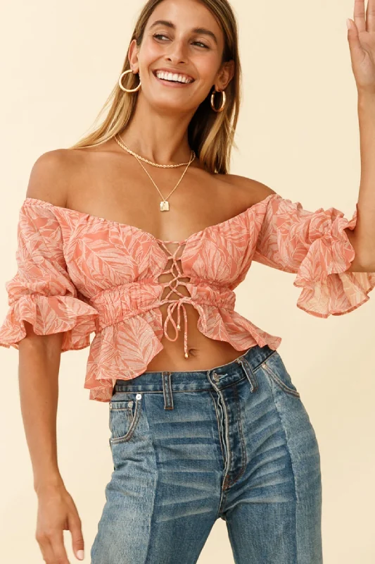 Stock Up Josephina Off-Shoulder Lace-Up Front Crop Top Palm Print Pink