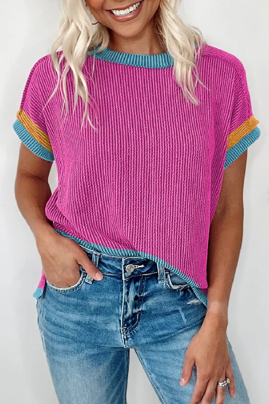 Weekend Bargains to Cherish Bright Pink Textured Contrast Color Round Neck T Shirt