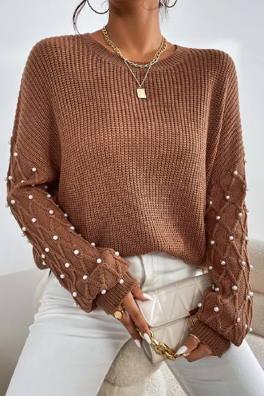 Markdowns KaleaBoutique Beaded Drop Shoulder Round Neck Sweater