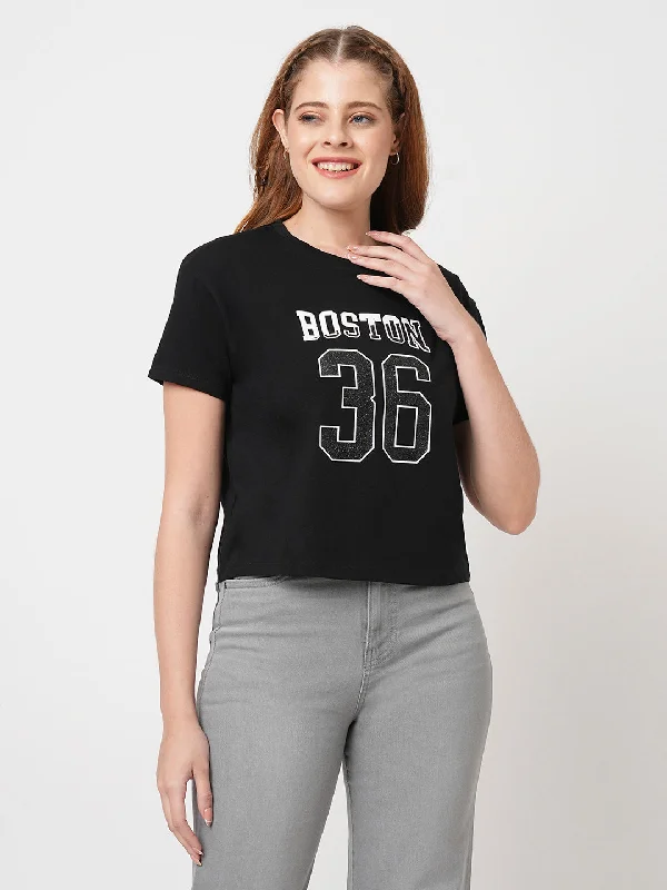 Super Deal Women Slim Fit Black Crop T-Shirt Chest Print