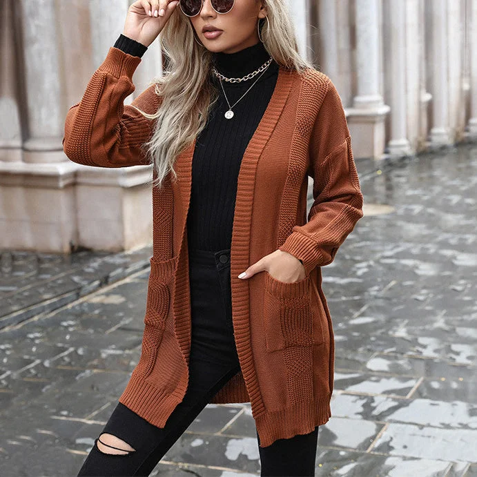 Weekend Savings Extravaganza Mid-Length Sweater Cardigan Pocket Design Jacket