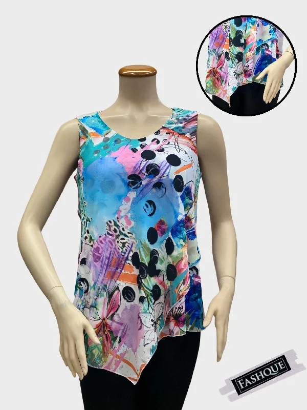 Major Savings FASHQUE - Asymmetrical Round-Neck Multi-Media Sleeveless Top - T2540