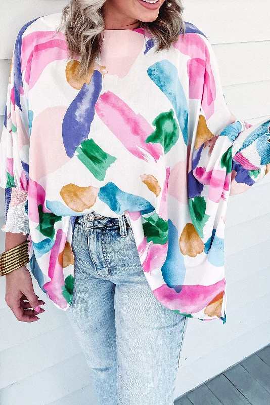Great Deals Multicolor Abstract Print Shirred Dolman Sleeve Oversized Blouse