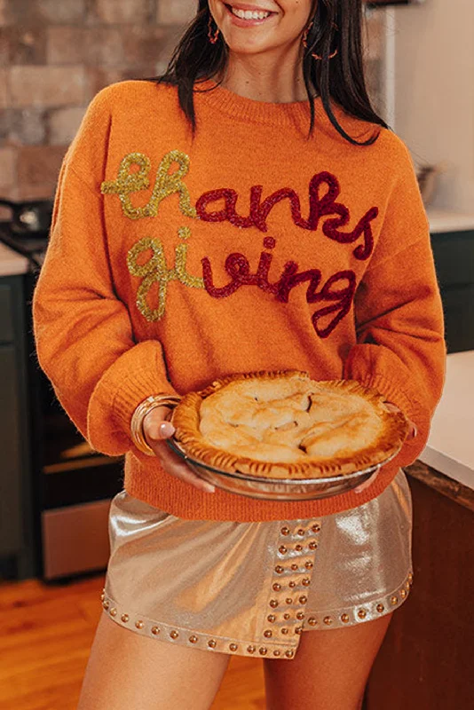 Discount Deals KaleaBoutique Thanksgiving Tinsel Drop Shoulder Crew Neck Sweater
