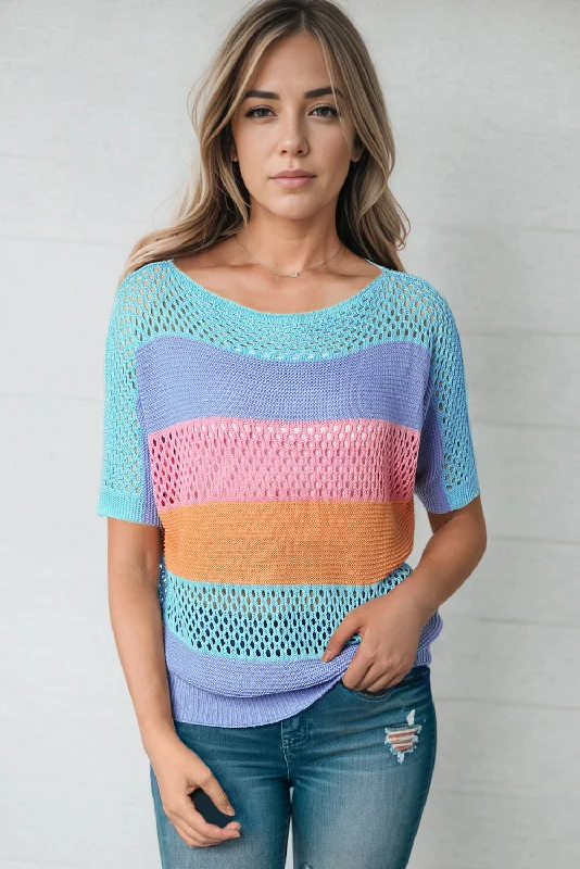 Fantastic Savings Color Block Openwork Round Neck Pullover Sweater
