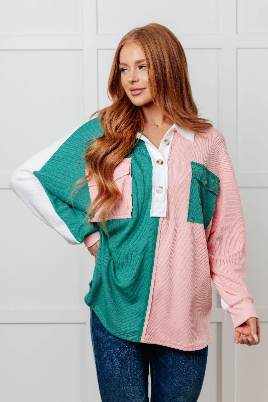 Final Markdown Chip Off the Old Colorblock V-Neck Henley in Green