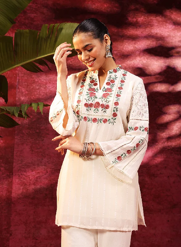 Amazing Deals Bahaar Ivory Embroidered Sheer Top for Women