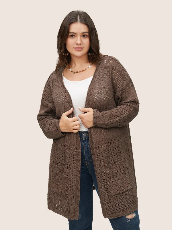 Closeout Solid Geometric Hollow Out Pocket Cardigan