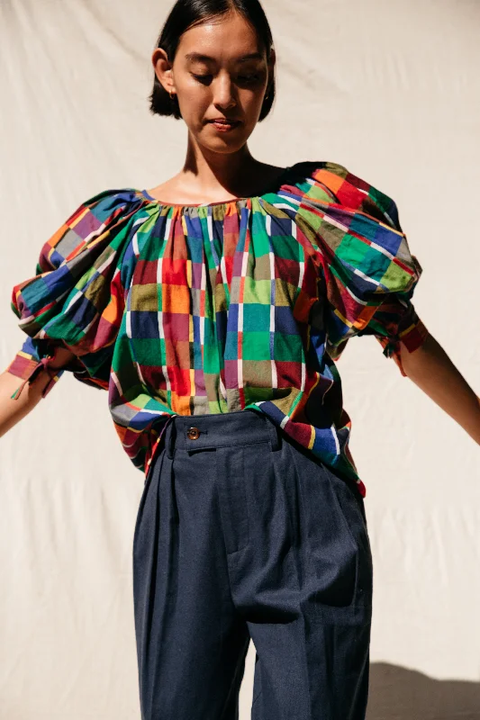 Act Now Juli Puff Sleeve Top - Rainbow Grid Cotton