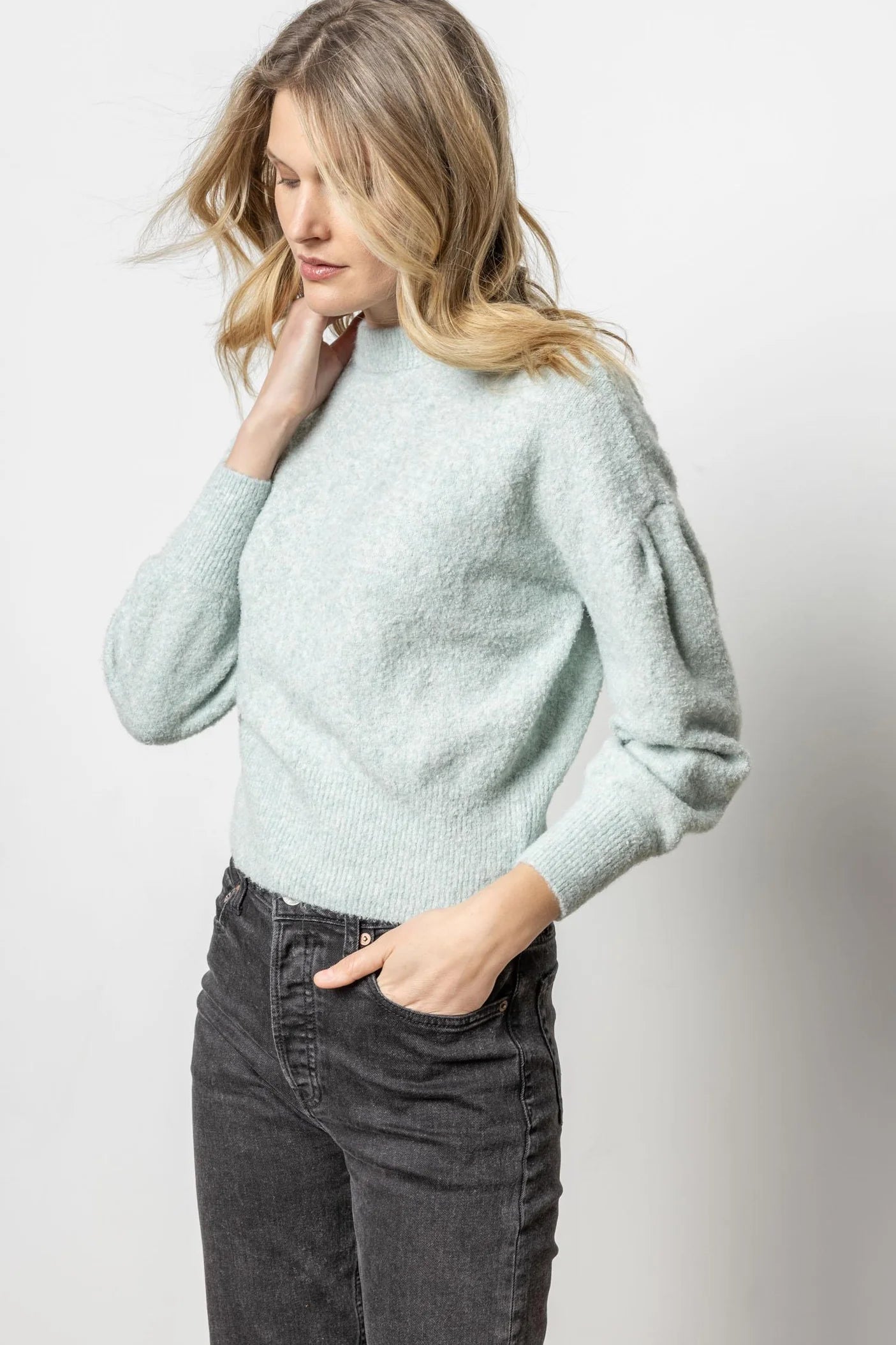 Discount Mania Pleated Sleeve Crewneck in Frost