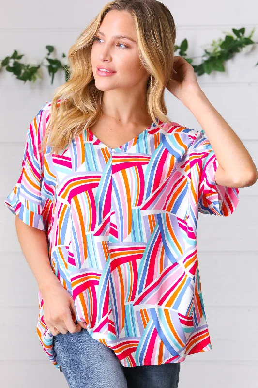 Celebrate the Weekend with Discounts Blue & Fuchsia Geometric Print Woven Top