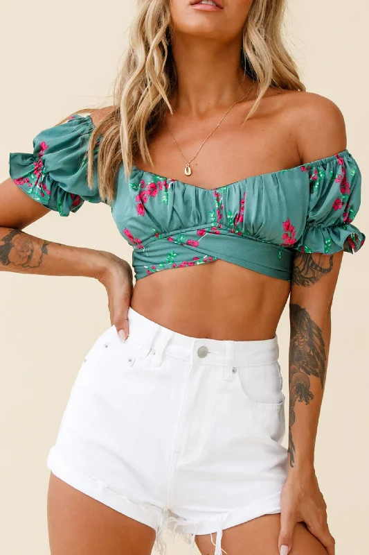 Bonus Offer Linka Off-Shoulder Tie-Back Crop Top Pink Floral Print Sage