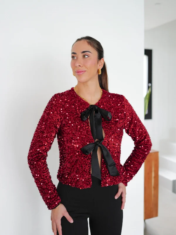 Time-Limited Offer Burgundy velvet bow velvet sequin turtleneck