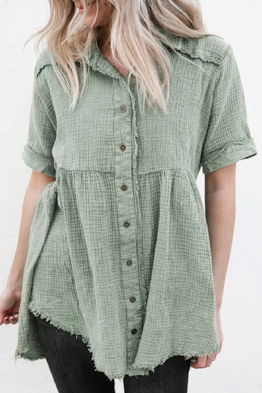 The Best Prices Acid Wash Raw Hem Short Sleeves Buttoned Shirt