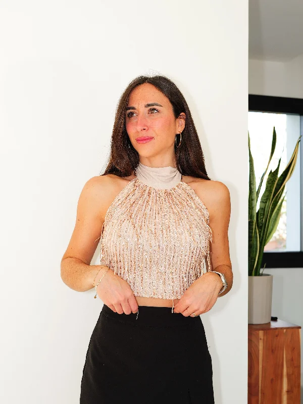 Steals and Deals Beige glitter fringed top