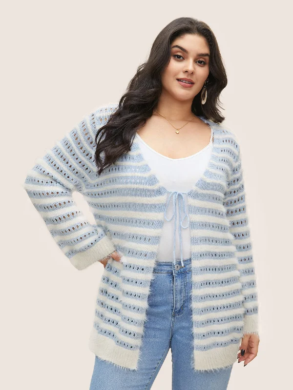 Bonus Savings Striped Contrast Ties Front Eyelet Cardigan