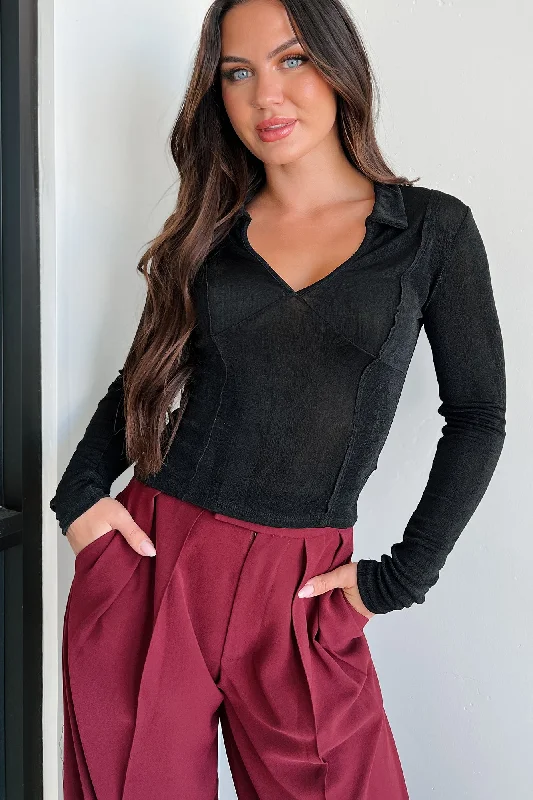 Weekend Deals That Dazzle Compelling Attitude Shimmery Knit Long Sleeve Top (Black)