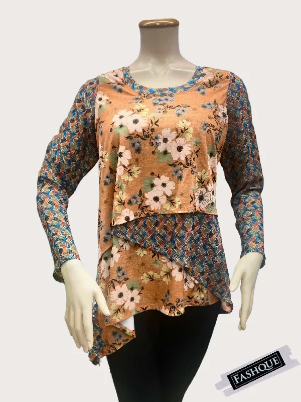 Final Markdown FASHQUE - Asymmetrical Round-Neck Multi-Media full sleeves Top - T2378