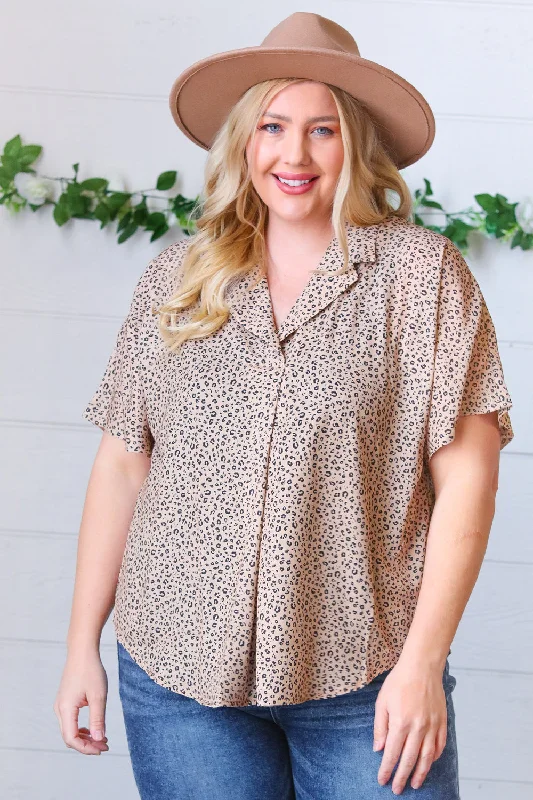 Doorbuster Deal Cheetah Animal Print Collared V Neck Woven Dolman Top