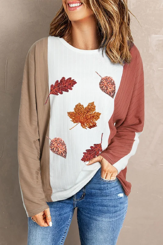 Instant Discount Apricot Colorblock Thanksgiving Sequin Fall Leaves Ribbed Knit Graphic Top