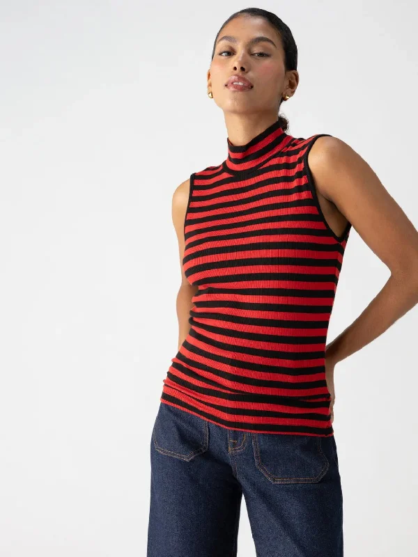 Crazy Savings Sanctuary Essential Sleeveless Mock Neck - BLACK/CHERRY RED STRIPE