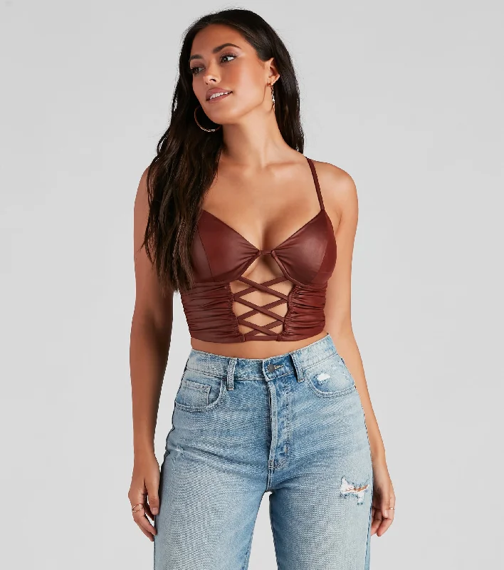 Hurry In Late Night Faux Leather Lattice Crop Top