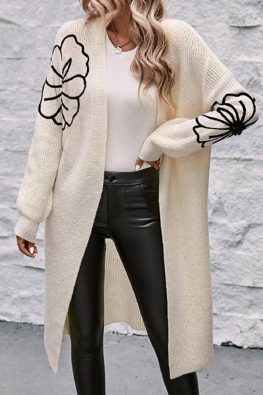 Deal Dash Flower Embroidered Drop Shoulder Open Front Duster Cardigan