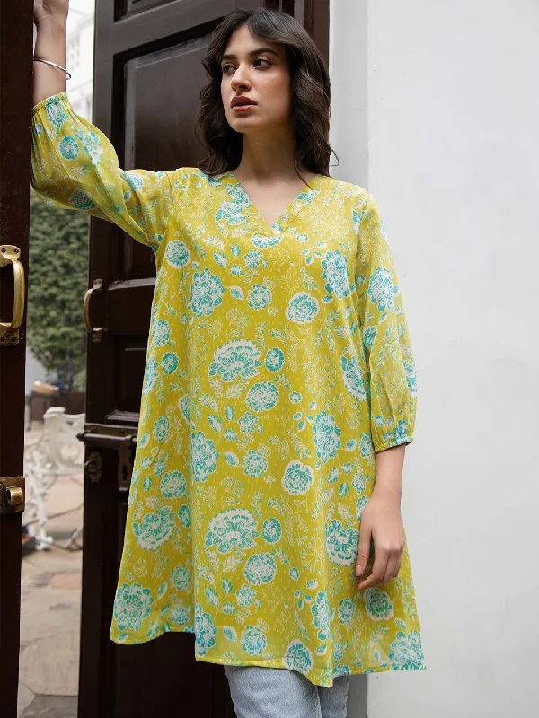 Big Discounts Lime Yellow Georgette Floral Tunic