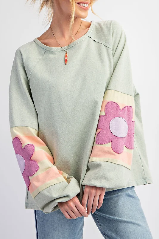 Price Rollback Smoke Green Flower Patchwork Exposed Seam Raglan Sleeve Top