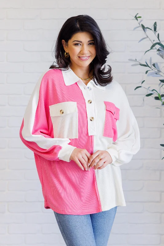 Shop and Save Chip Off the Old Colorblock V-Neck Henley in Pink