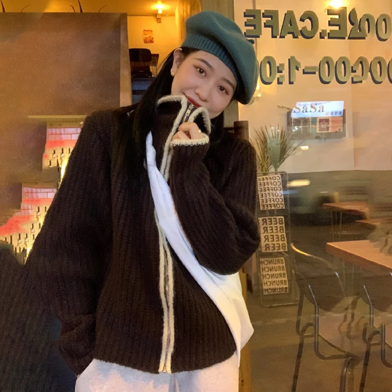 Weekend Deals to Brighten Your Day Retro Coffee Color Contrast Design Zipper Jacket Sweater