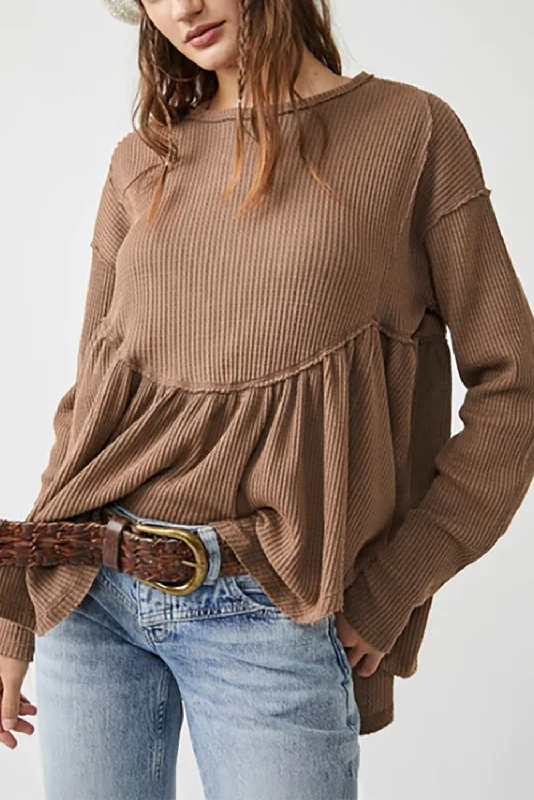 Weekend Discounts to Love Brown Textured Exposed Seam Pullover Long Sleeve Top