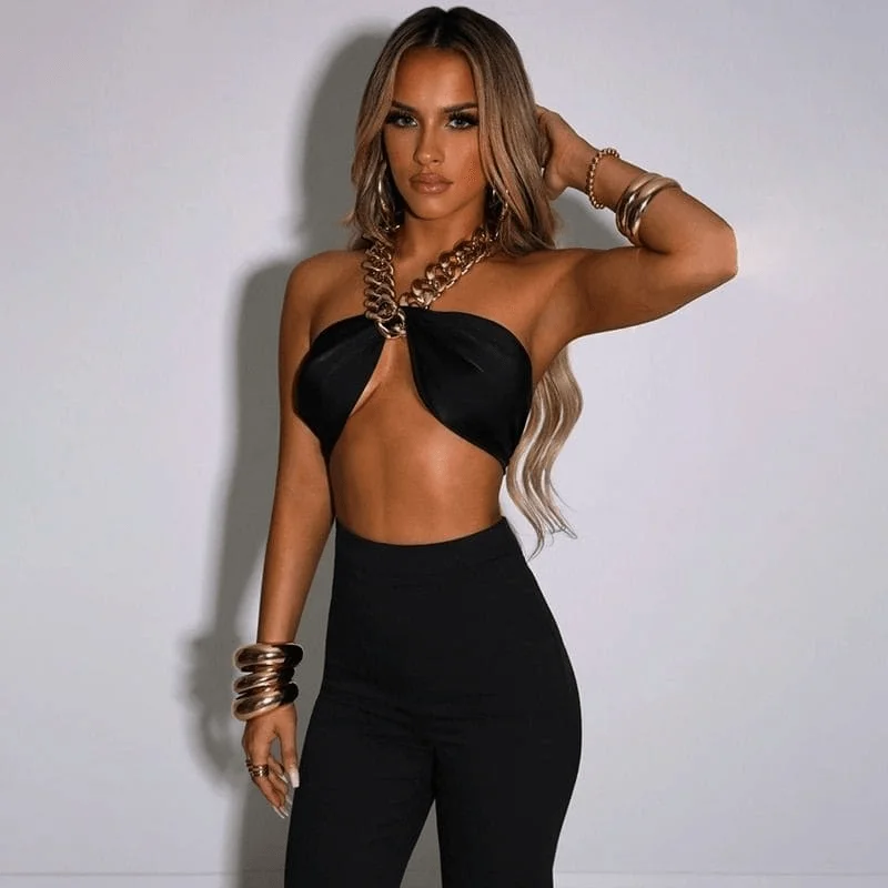 Big Deal Black Satin Scarf Top
