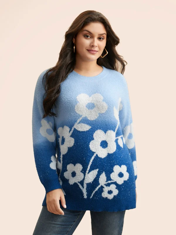 Weekend Deal Floral Jacquard Ombre Drop Shoulder Pullover