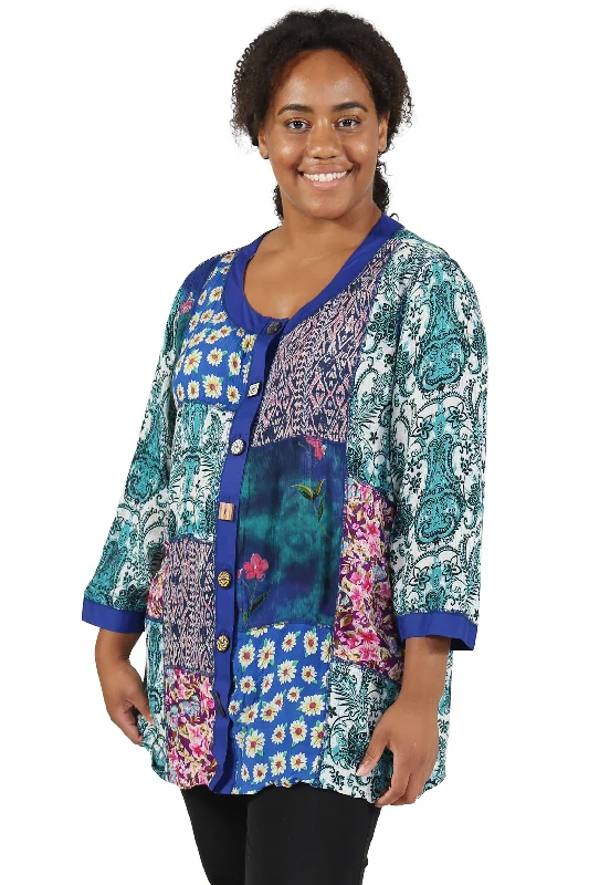 Today's Special Plus Size La Cera Blue Multi Patchwork Top