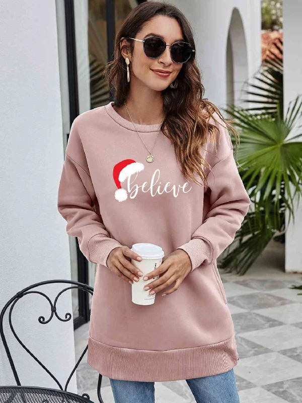 Deep Savings BELIEVE Graphic Tunic Sweatshirt