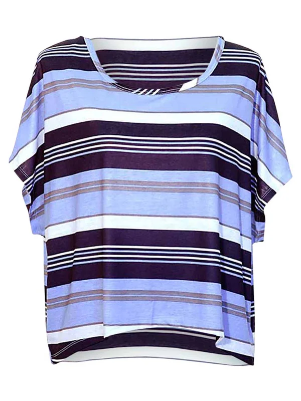 Weekend Bargains to Grab Light Blue Multicolor Striped High Low Short Sleeve Blouse Size Medium