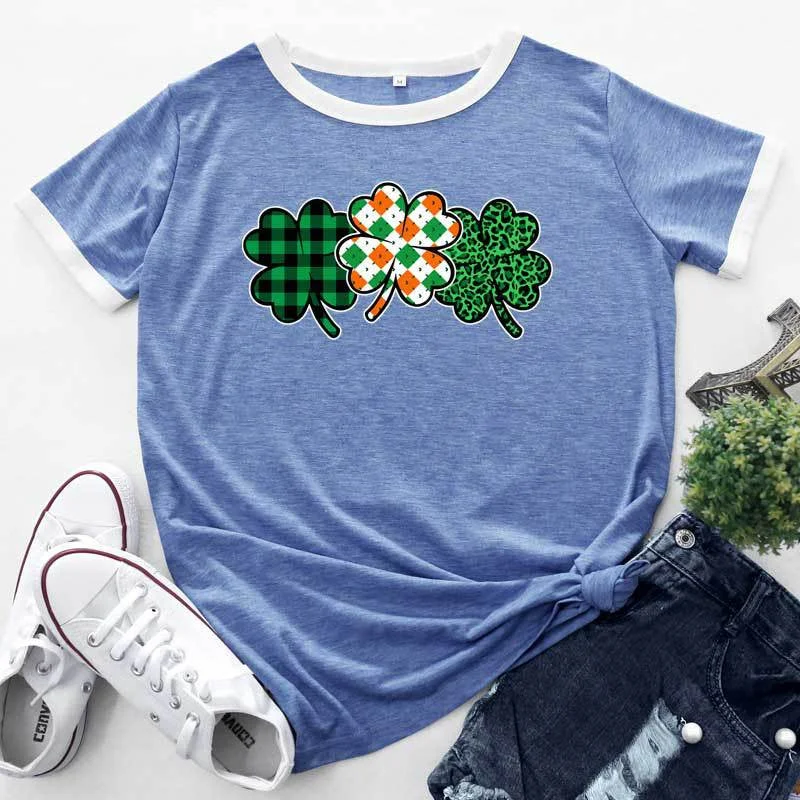 New Markdowns Fashion Print Tops Patchwork Contrast Short Sleeve Womens T Shirts Wholesale