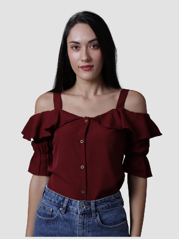 Savings Galore Dark Cherry Ruffle Neck Top