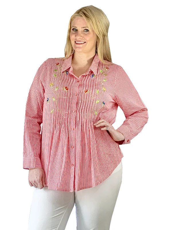 Weekend Specials to Snag Seersucker Embroidered Button Front Shirt - Plus Size