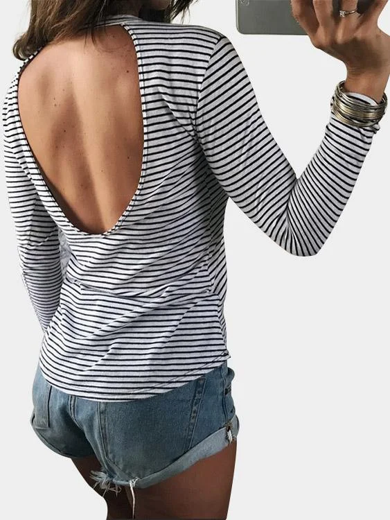 Great Deal Custom Round Neck Stripe Backless Hollow Cut Out Long Sleeve Curved Hem White T-Shirts