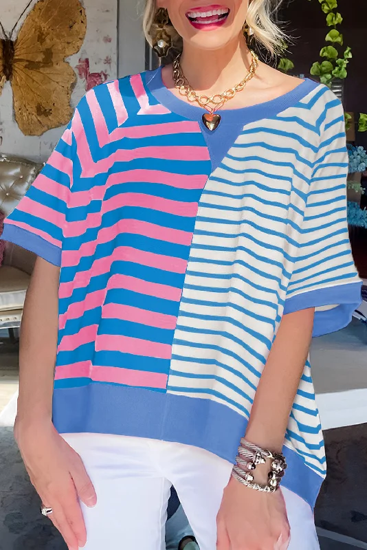 Weekend Shopping Made Better Blue Stripe Contrast Patchwork Oversized T Shirt