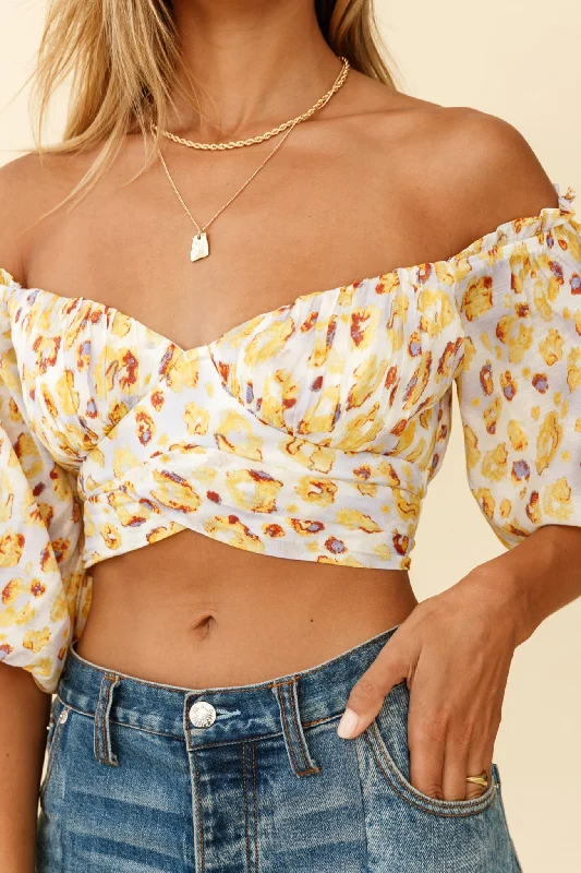 Make Your Weekend Count with Savings Linka Off-Shoulder Tie-Back Crop Top Leopard Print Yellow