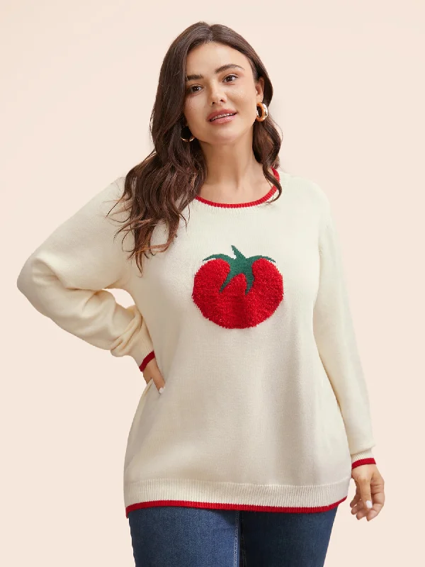 Overstock Tomato Pattern Embroidered Contrast Trim Pullover