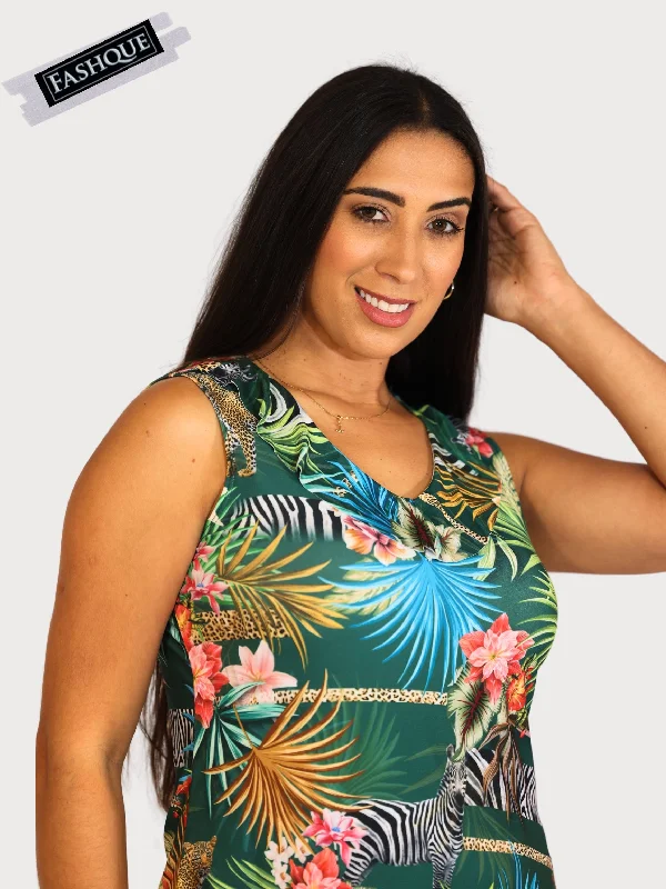 Super Sale FASHQUE - Chic Sleeveless V-Neck Digital Top with Ruffle Neckline - T2036
