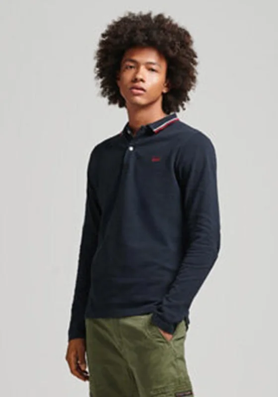 Online Only Superdry Vintage Tipped Long Sleeve Polo Shirt, Dark Navy & Red