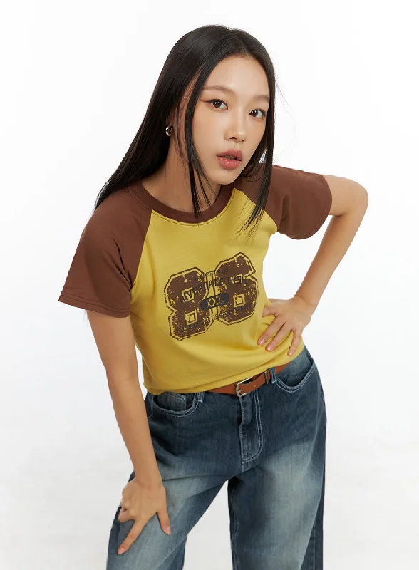 Weekend Discounts to Love Contrasting Cotton Graphic Raglan Tee IL409