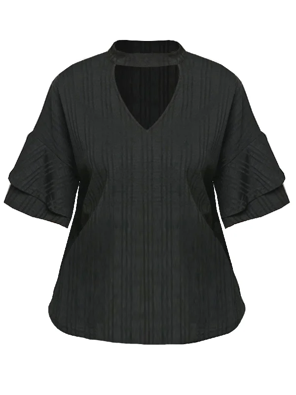 Discount Extravaganza Womens Black Lightweight Choker Top With Flowing Sleeves Size Small