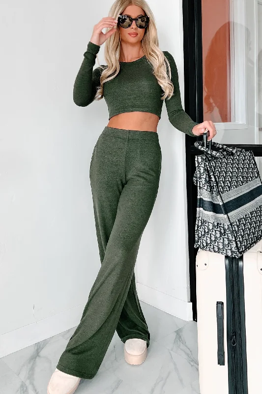 Lowest Price Asa Heathered Knit Crop Top & Pants Set (Olive)
